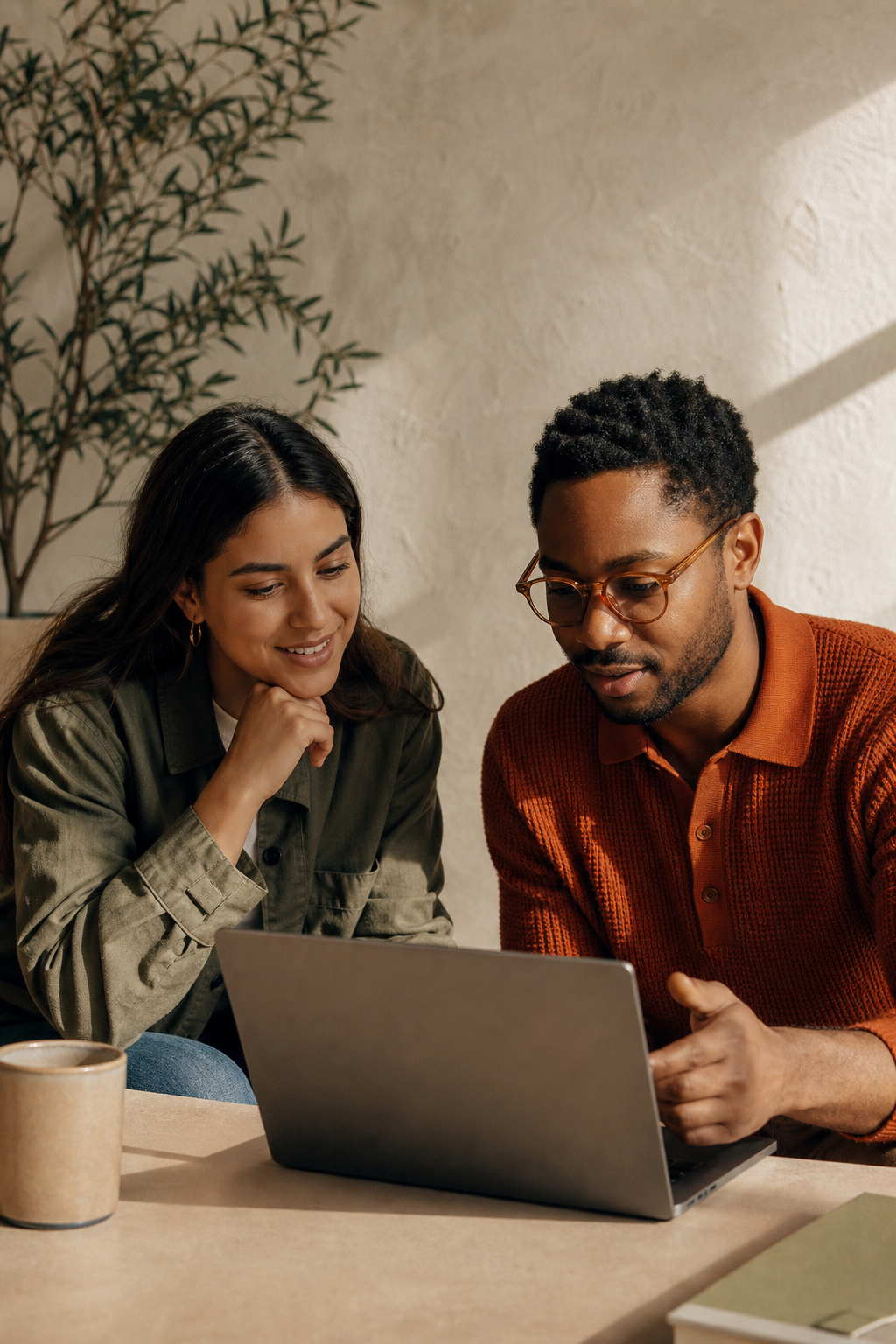 Two support teammates collaborating over a laptop